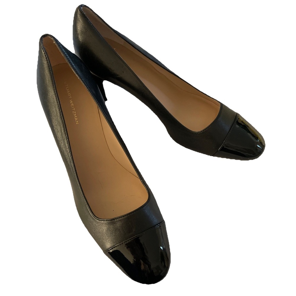 Stuart Weitzman Milla Smooth/Patent Leather Cap Toe Pump in Black Size 10 - Picture 6 of 7